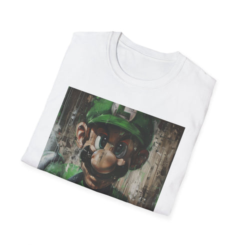 Cotton charcoal crew neck T-shirt featuring vibrant Luigi painting
