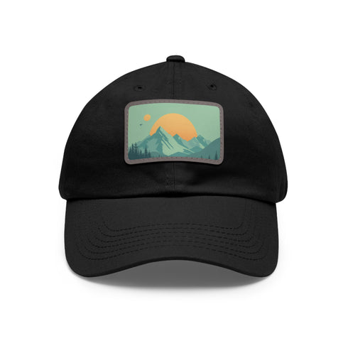 Minimalist white baseball cap with light brown mountain landscape design.