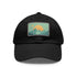 Minimalist white baseball cap with light brown mountain landscape design.