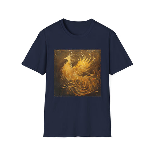Mythical phoenix rising from charcoal cotton crew neck t-shirt.