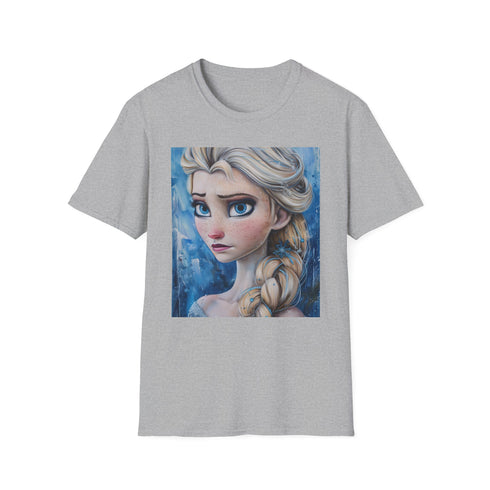 Charcoal cotton crew neck T-shirt with vibrant Elsa Frozen painting