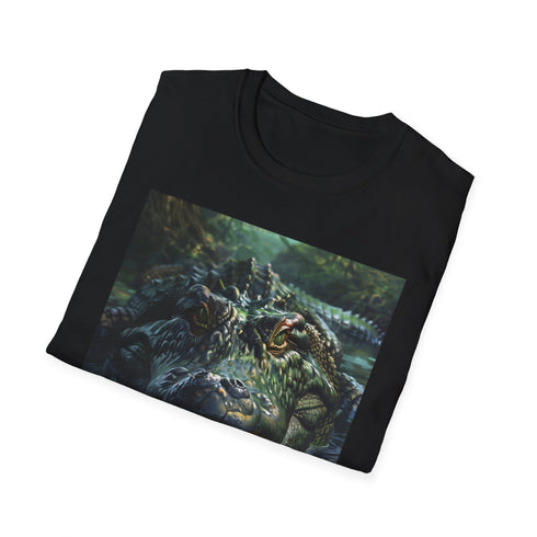 Charcoal crew neck cotton t-shirt with vibrant crocodile painting design
