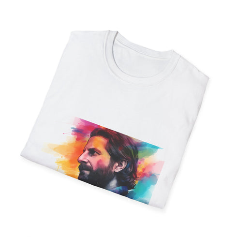 Watercolor charcoal crew neck T-shirt capturing Bradley Cooper's charisma in cotton