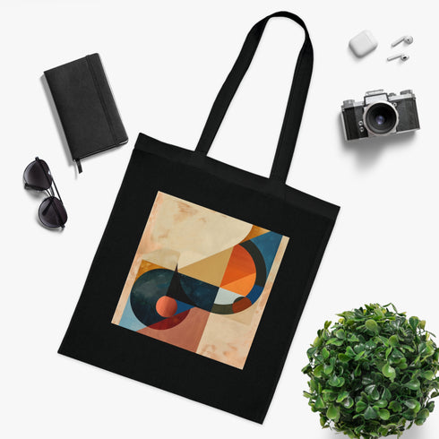 Geometric black tote bag with abstract shapes - cotton, DTG print.