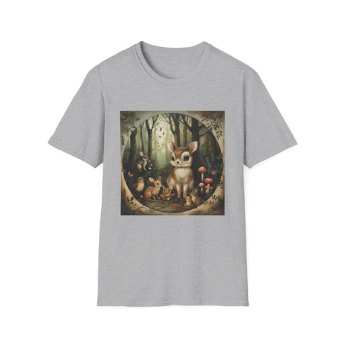 Charcoal cotton t-shirt with woodland animals and vibrant forest design