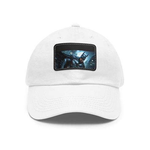 White baseball cap with brown Gotham City patch, unisex, vegan-friendly.