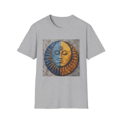 Charcoal cotton T-shirt with intricate sun and moon mandala design