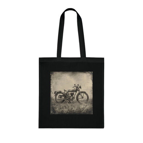 Classic Cruiser Tote Bag in black cotton with vintage motorcycle design.