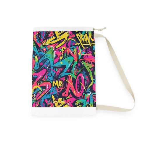 Vibrant neon graffiti laundry bag with all-over print pattern.