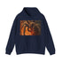 Vibrant navy tarantula print hoodie for men and women in size S.