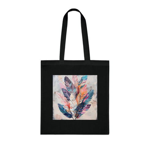 Black cotton tote bag with bohemian feather design.