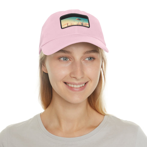 Futuristic white urban skyline hat with light brown rectangular patch.