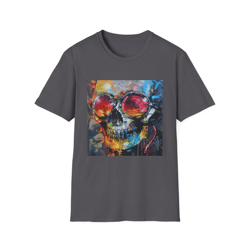 Charcoal cotton crew neck t-shirt with vibrant urban art design