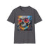Charcoal cotton crew neck t-shirt with vibrant urban art design