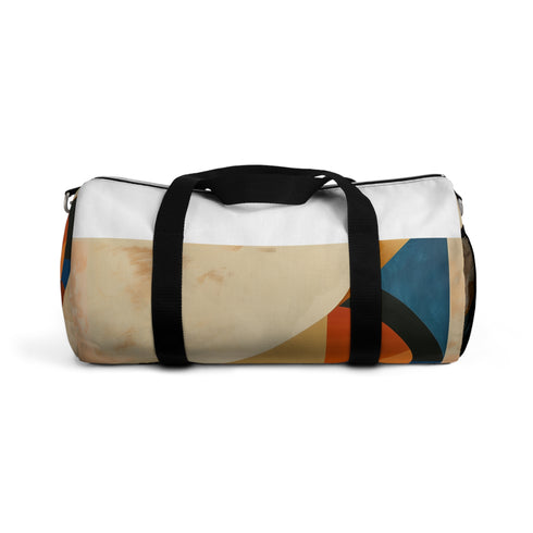 Geometric fusion duffel bag with abstract shapes, striking design, made in USA.