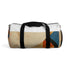 Geometric fusion duffel bag with abstract shapes, striking design, made in USA.