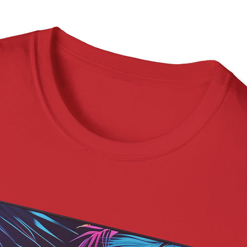 Neon tropical t-shirt in charcoal soft cotton vivid palm tree design