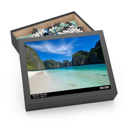 Vibrant Maya Bay jigsaw puzzle featuring crystal-clear waters and lush greenery.