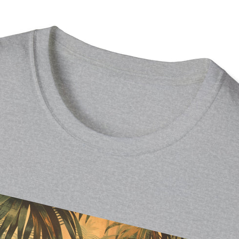 Charcoal cotton t-shirt with vibrant tropical parrot design evokes freedom and joy