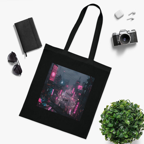 Cyberpunk black cotton tote bag with neon-lit cityscape design.