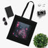 Cyberpunk black cotton tote bag with neon-lit cityscape design.