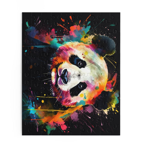 Whimsical watercolor panda puzzle with vibrant flora and fauna.