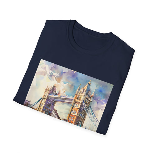 Charcoal crew neck T-shirt featuring vibrant watercolor Tower Bridge design