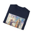 Charcoal crew neck T-shirt featuring vibrant watercolor Tower Bridge design