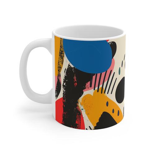 Abstract colorful ceramic coffee mug, bold and bright kitchen essential.