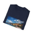 Charcoal crew neck T-shirt with Riviera inspired sun-kissed beach design