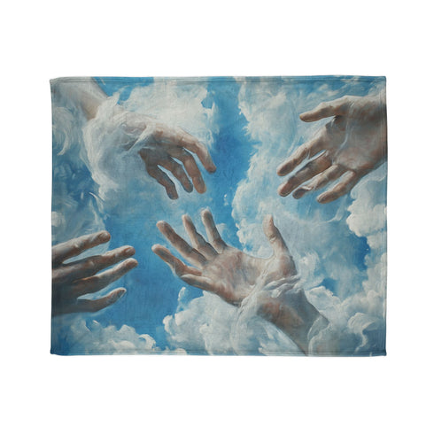 Painted Clouds Forming Human Hands — Plush Fleece Throw Blanket — Draped Over Sofa & Bed Lifestyle View