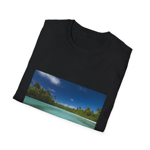 Charcoal cotton crew neck T-shirt with Aitutaki Paradise Unveiled summer design
