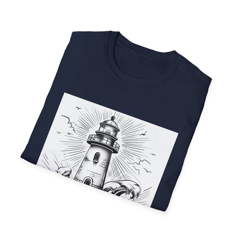 Charcoal crew neck t-shirt with hand-drawn lighthouse and crashing waves illustration
