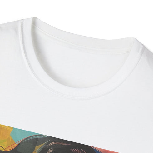 Charcoal pop art portrait cotton t-shirt with vibrant colors and crew neck