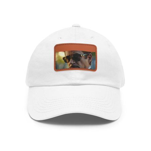 Iron Man inspired snapback cap with white/light brown rectangle patch