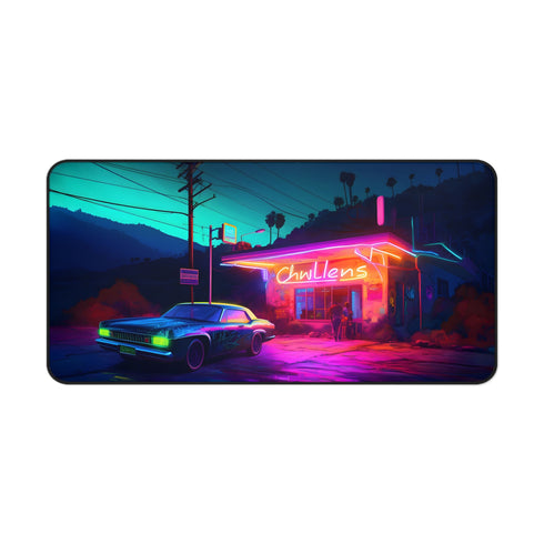 American Diner Neon Sign Desk Mat with vibrant watercolor design.