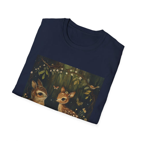 Charcoal cotton t-shirt featuring woodland creatures in vibrant forest design