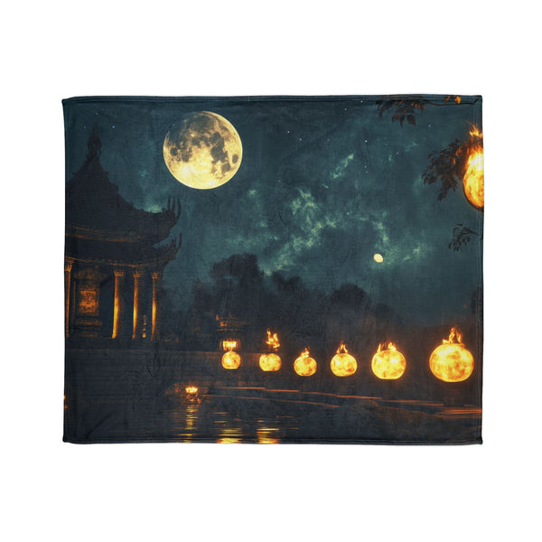 Moonlight Temple with Levitating Torches — Plush Fleece Throw Blanket — Draped Over Sofa & Bed Lifestyle View