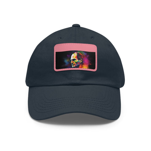 Neon watercolor Steve Jobs baseball cap with light brown patch.