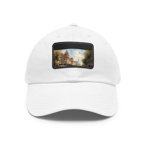 Melbourne tram-themed white hat with light brown rectangle patch.