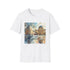 Charcoal cotton t-shirt with watercolor Louvre design capturing Parisian elegance