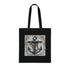 Black cotton Anchors Aweigh tote bag with nautical anchor design.