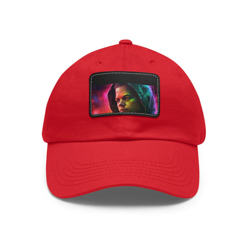 Neon watercolor baseball hat with brown patch, rectangular design.