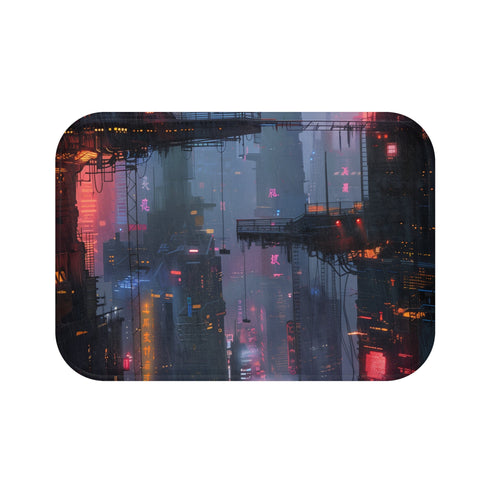 Neon cityscape bath mat with vibrant cyberpunk design for futuristic vibes.