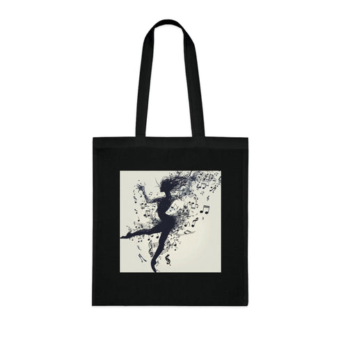 Black cotton Dance Symphony Tote Bag with dancer silhouette and musical notes.