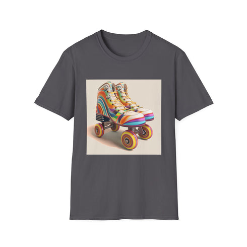 Retro roller skate themed charcoal t-shirt with colorful stripes on fabric.