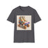 Retro roller skate themed charcoal t-shirt with colorful stripes on fabric.