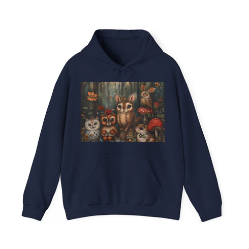 Whisper of the Wild woodland creatures fable hoodie in navy and size S.