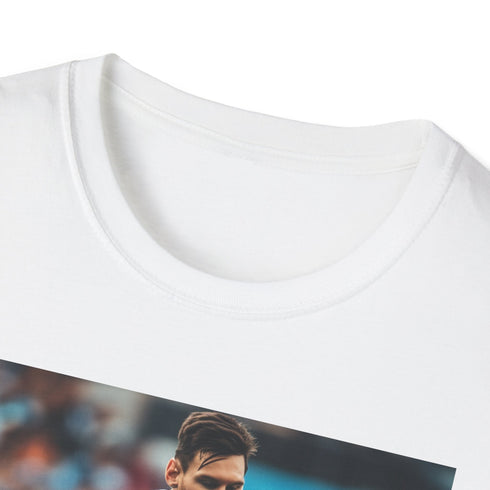 Charcoal cotton tee with Messi-inspired watercolor stripes and crew neck