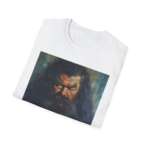 Charcoal cotton crew neck t-shirt with vibrant painting of Rubeus Hagrid